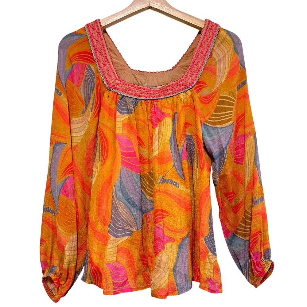 Blank London Anthropologie Orange Abstract Psychedelic Square Crochet Blouse XS